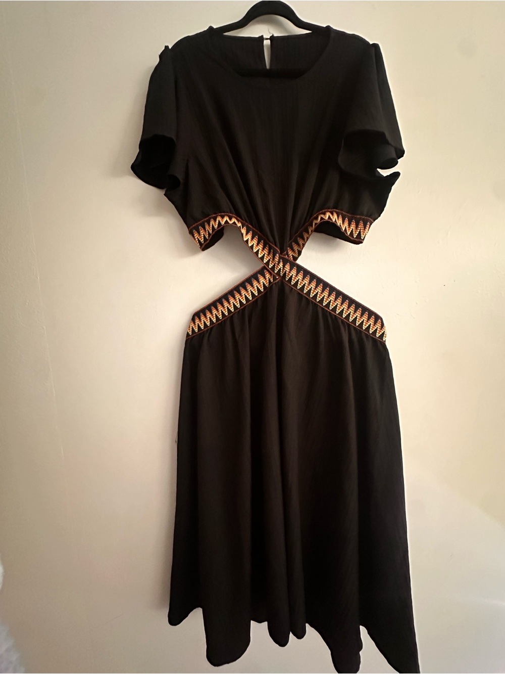 Black Midi Dress with Gold Zigzag Trim